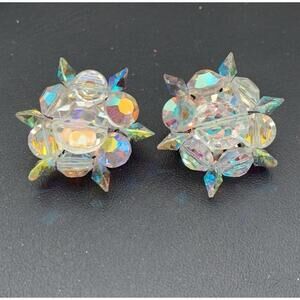 Vintage AB Aurora Borealis Cluster Clip On Earrings